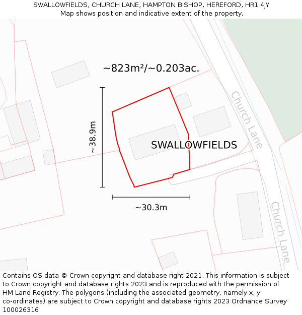 SWALLOWFIELDS, CHURCH LANE, HAMPTON BISHOP, HEREFORD, HR1 4JY: Plot and title map