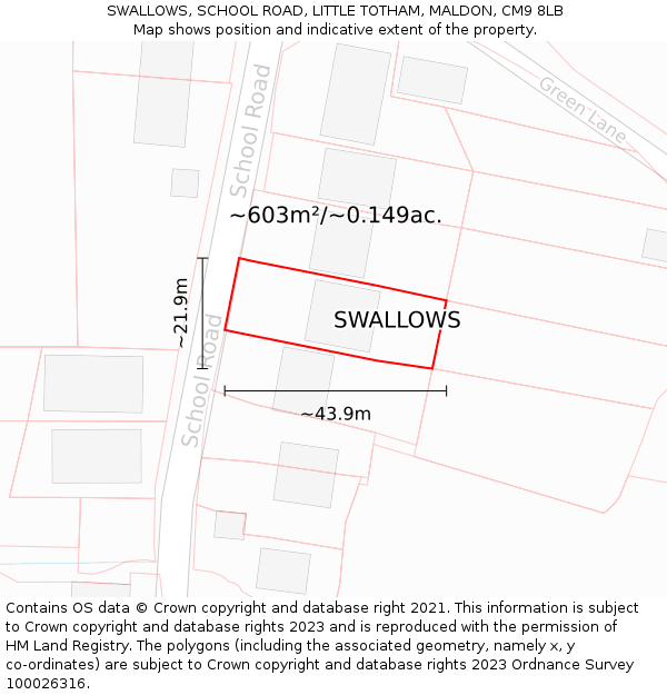 SWALLOWS, SCHOOL ROAD, LITTLE TOTHAM, MALDON, CM9 8LB: Plot and title map