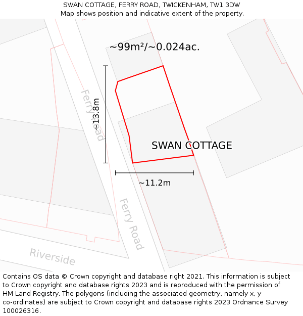 SWAN COTTAGE, FERRY ROAD, TWICKENHAM, TW1 3DW: Plot and title map