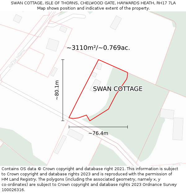 SWAN COTTAGE, ISLE OF THORNS, CHELWOOD GATE, HAYWARDS HEATH, RH17 7LA: Plot and title map