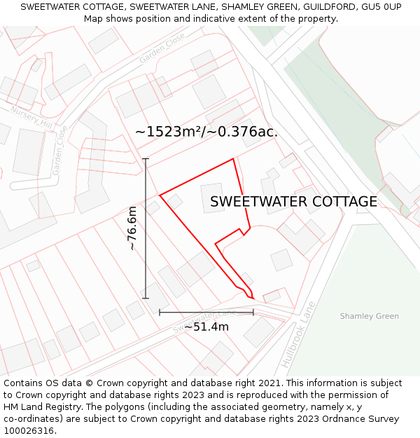 SWEETWATER COTTAGE, SWEETWATER LANE, SHAMLEY GREEN, GUILDFORD, GU5 0UP: Plot and title map