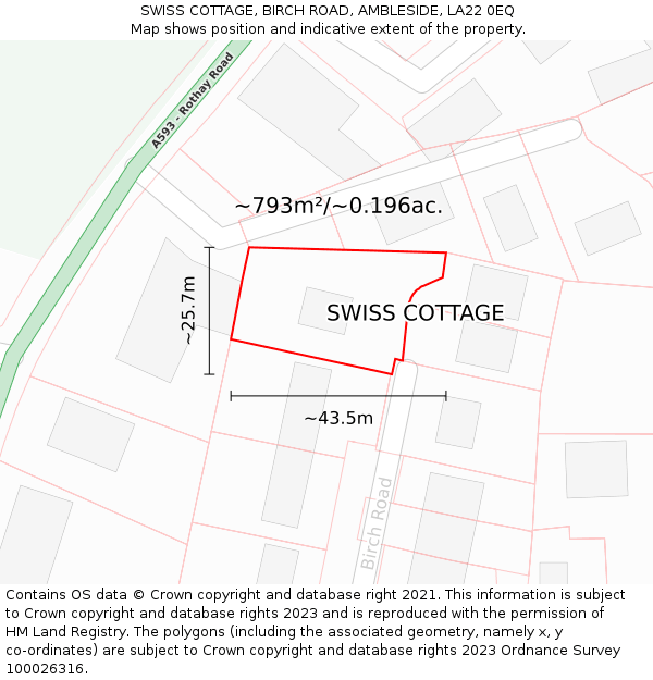 SWISS COTTAGE, BIRCH ROAD, AMBLESIDE, LA22 0EQ: Plot and title map