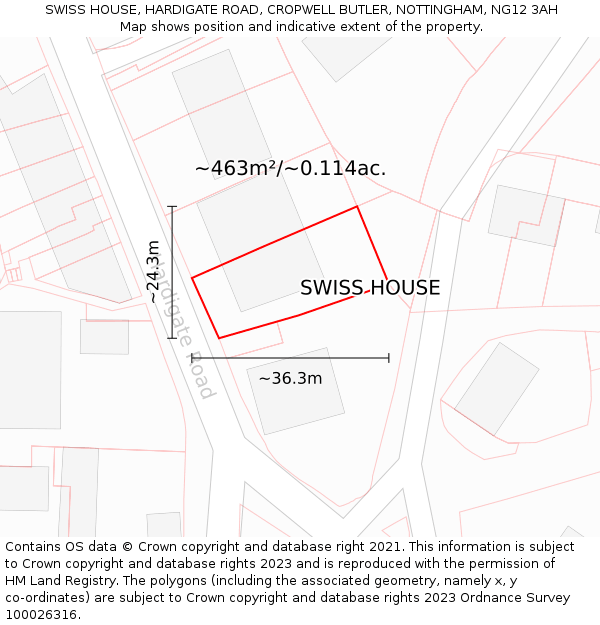 SWISS HOUSE, HARDIGATE ROAD, CROPWELL BUTLER, NOTTINGHAM, NG12 3AH: Plot and title map