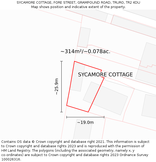SYCAMORE COTTAGE, FORE STREET, GRAMPOUND ROAD, TRURO, TR2 4DU: Plot and title map