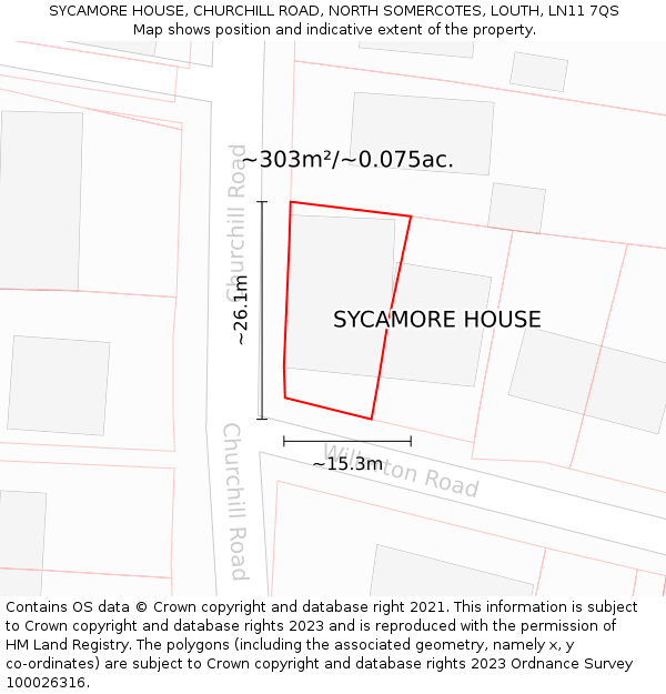 SYCAMORE HOUSE, CHURCHILL ROAD, NORTH SOMERCOTES, LOUTH, LN11 7QS: Plot and title map