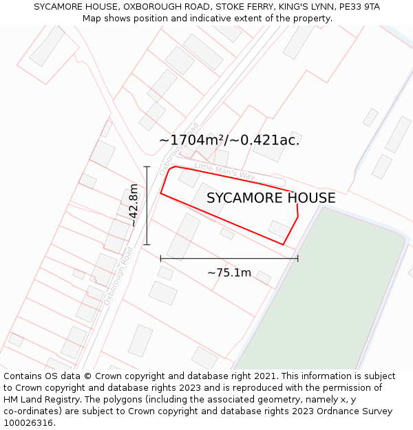 SYCAMORE HOUSE, OXBOROUGH ROAD, STOKE FERRY, KING'S LYNN, PE33 9TA: Plot and title map