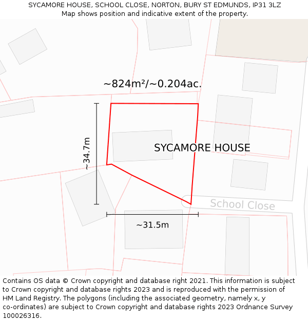 SYCAMORE HOUSE, SCHOOL CLOSE, NORTON, BURY ST EDMUNDS, IP31 3LZ: Plot and title map
