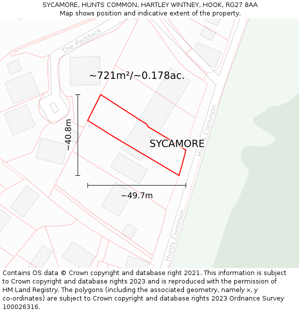 SYCAMORE, HUNTS COMMON, HARTLEY WINTNEY, HOOK, RG27 8AA: Plot and title map