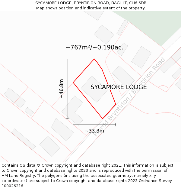 SYCAMORE LODGE, BRYNTIRION ROAD, BAGILLT, CH6 6DR: Plot and title map