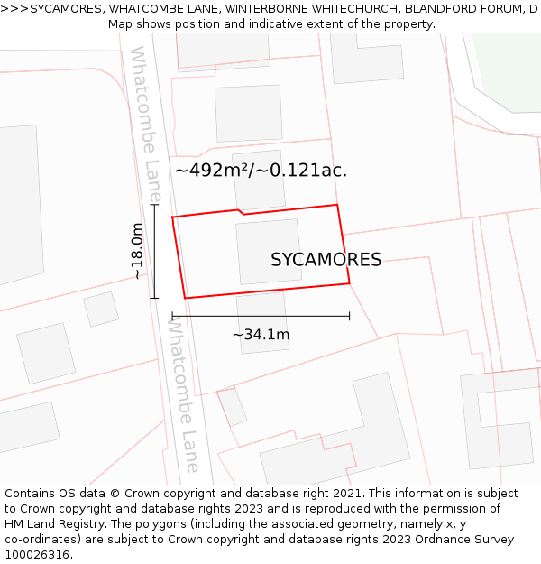 SYCAMORES, WHATCOMBE LANE, WINTERBORNE WHITECHURCH, BLANDFORD FORUM, DT11 0AG: Plot and title map