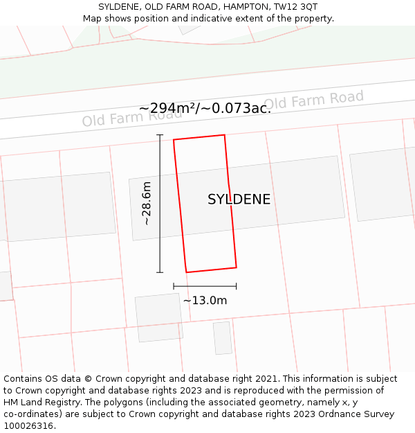 SYLDENE, OLD FARM ROAD, HAMPTON, TW12 3QT: Plot and title map