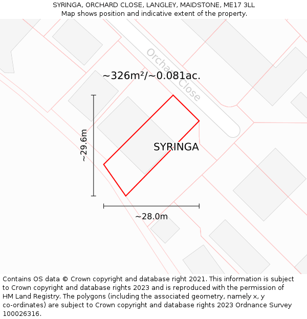 SYRINGA, ORCHARD CLOSE, LANGLEY, MAIDSTONE, ME17 3LL: Plot and title map