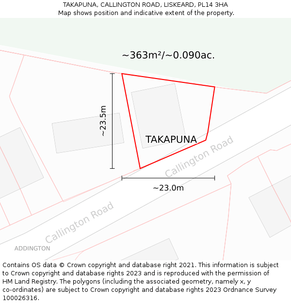 TAKAPUNA, CALLINGTON ROAD, LISKEARD, PL14 3HA: Plot and title map
