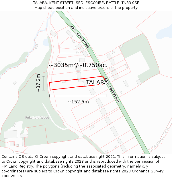 TALARA, KENT STREET, SEDLESCOMBE, BATTLE, TN33 0SF: Plot and title map