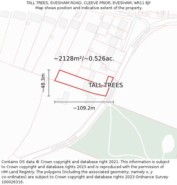 TALL TREES, EVESHAM ROAD, CLEEVE PRIOR, EVESHAM, WR11 8JY: Plot and title map