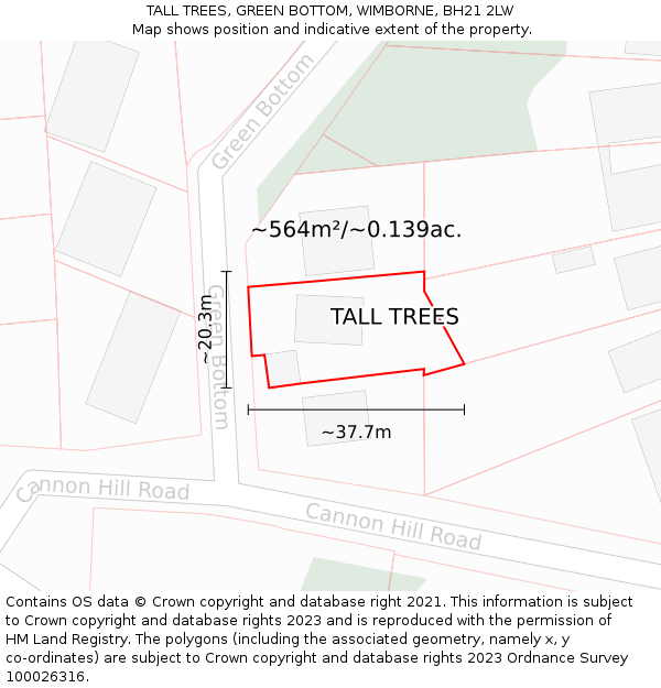 TALL TREES, GREEN BOTTOM, WIMBORNE, BH21 2LW: Plot and title map