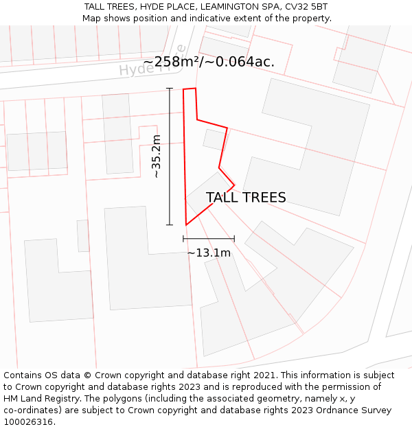 TALL TREES, HYDE PLACE, LEAMINGTON SPA, CV32 5BT: Plot and title map