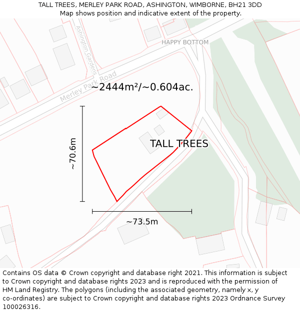 TALL TREES, MERLEY PARK ROAD, ASHINGTON, WIMBORNE, BH21 3DD: Plot and title map