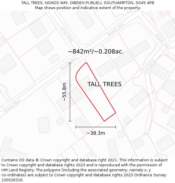 TALL TREES, NOADS WAY, DIBDEN PURLIEU, SOUTHAMPTON, SO45 4PB: Plot and title map