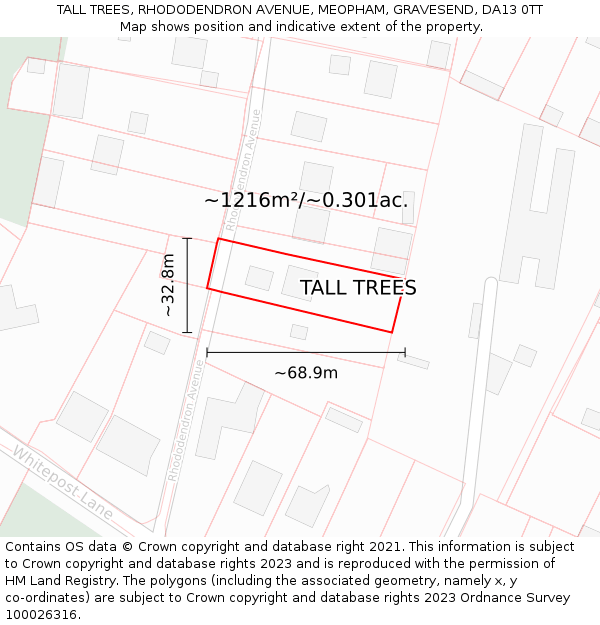 TALL TREES, RHODODENDRON AVENUE, MEOPHAM, GRAVESEND, DA13 0TT: Plot and title map