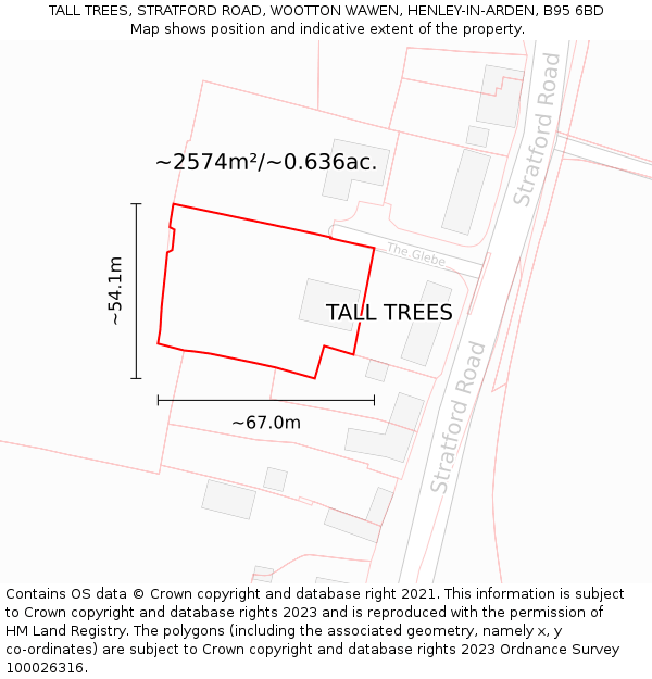 TALL TREES, STRATFORD ROAD, WOOTTON WAWEN, HENLEY-IN-ARDEN, B95 6BD: Plot and title map