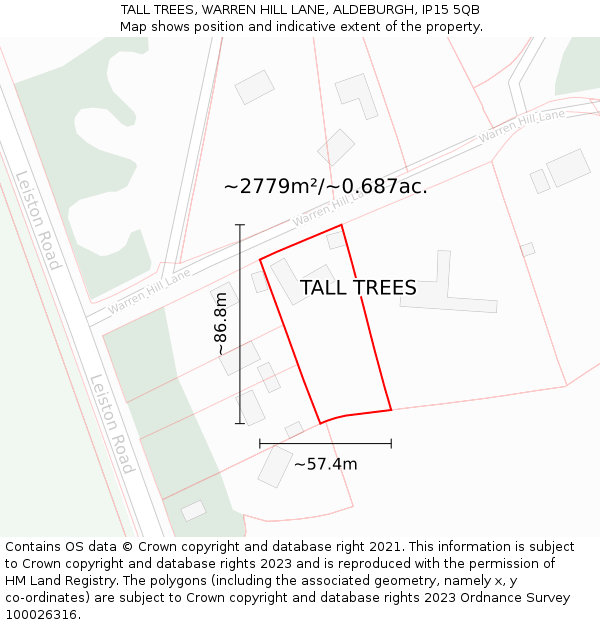 TALL TREES, WARREN HILL LANE, ALDEBURGH, IP15 5QB: Plot and title map