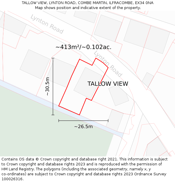 TALLOW VIEW, LYNTON ROAD, COMBE MARTIN, ILFRACOMBE, EX34 0NA: Plot and title map