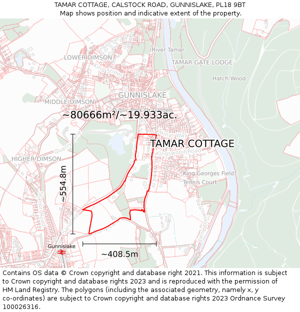 TAMAR COTTAGE, CALSTOCK ROAD, GUNNISLAKE, PL18 9BT: Plot and title map