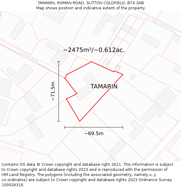 TAMARIN, ROMAN ROAD, SUTTON COLDFIELD, B74 3AB: Plot and title map