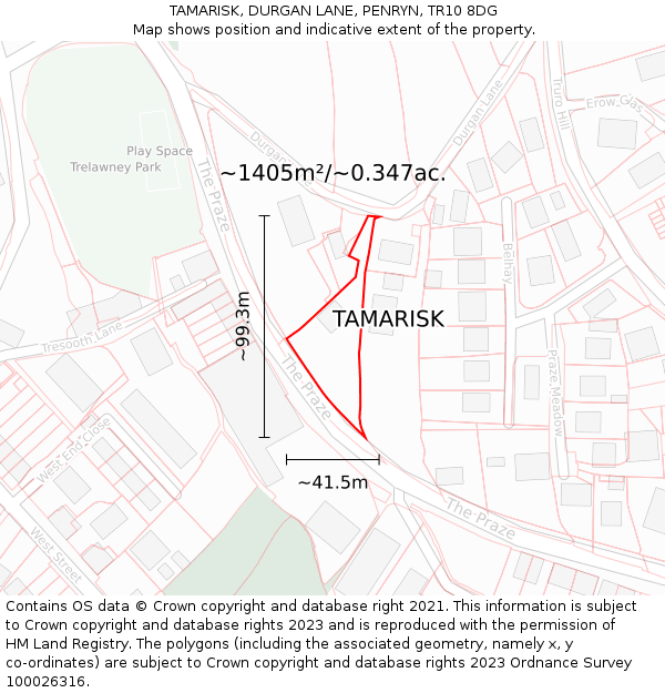 TAMARISK, DURGAN LANE, PENRYN, TR10 8DG: Plot and title map