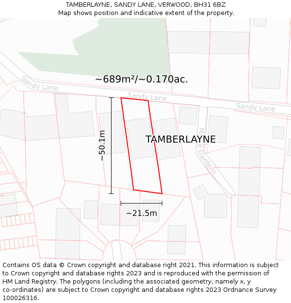 TAMBERLAYNE, SANDY LANE, VERWOOD, BH31 6BZ: Plot and title map