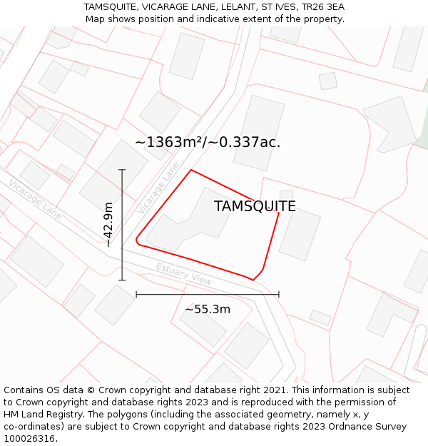 TAMSQUITE, VICARAGE LANE, LELANT, ST IVES, TR26 3EA: Plot and title map