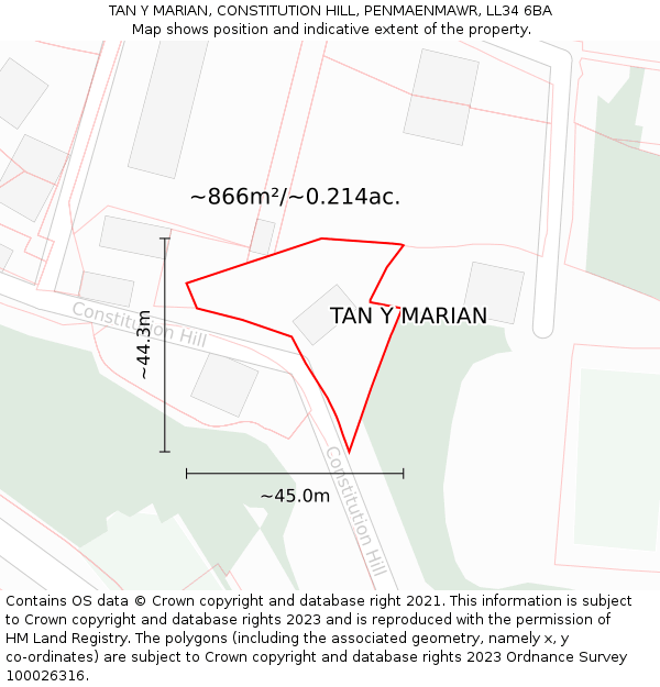 TAN Y MARIAN, CONSTITUTION HILL, PENMAENMAWR, LL34 6BA: Plot and title map