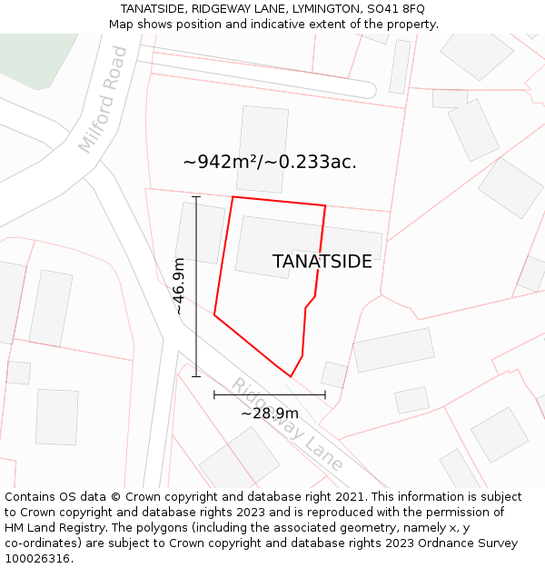 TANATSIDE, RIDGEWAY LANE, LYMINGTON, SO41 8FQ: Plot and title map