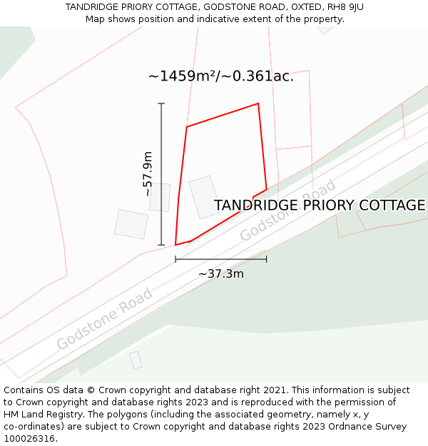 TANDRIDGE PRIORY COTTAGE, GODSTONE ROAD, OXTED, RH8 9JU: Plot and title map