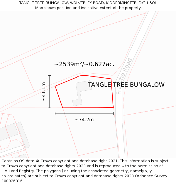 TANGLE TREE BUNGALOW, WOLVERLEY ROAD, KIDDERMINSTER, DY11 5QL: Plot and title map