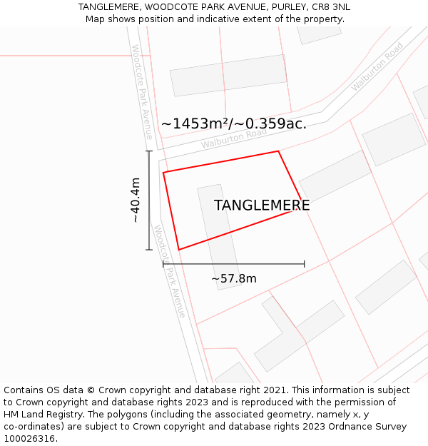 TANGLEMERE, WOODCOTE PARK AVENUE, PURLEY, CR8 3NL: Plot and title map