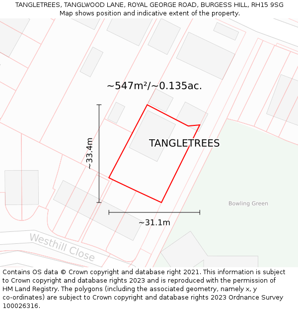 TANGLETREES, TANGLWOOD LANE, ROYAL GEORGE ROAD, BURGESS HILL, RH15 9SG: Plot and title map