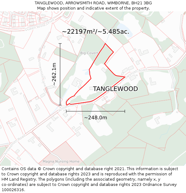 TANGLEWOOD, ARROWSMITH ROAD, WIMBORNE, BH21 3BG: Plot and title map