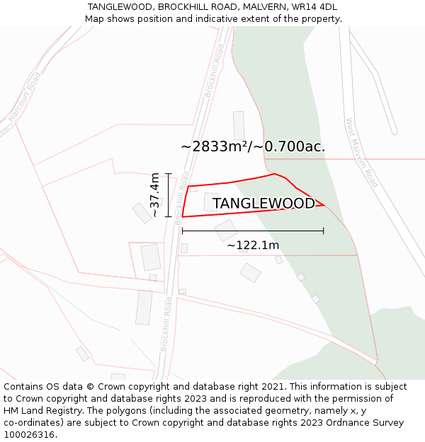 TANGLEWOOD, BROCKHILL ROAD, MALVERN, WR14 4DL: Plot and title map