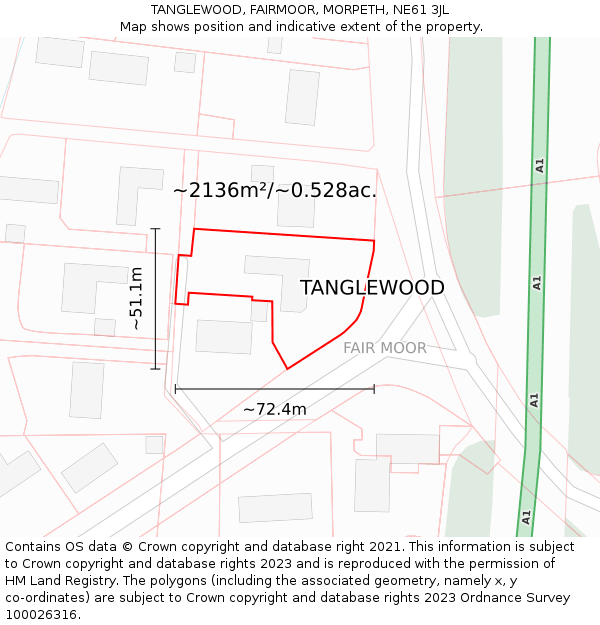 TANGLEWOOD, FAIRMOOR, MORPETH, NE61 3JL: Plot and title map