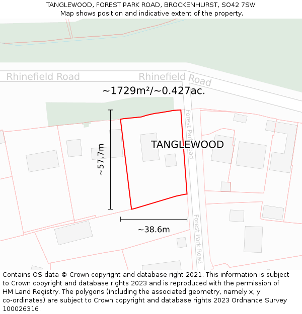 TANGLEWOOD, FOREST PARK ROAD, BROCKENHURST, SO42 7SW: Plot and title map