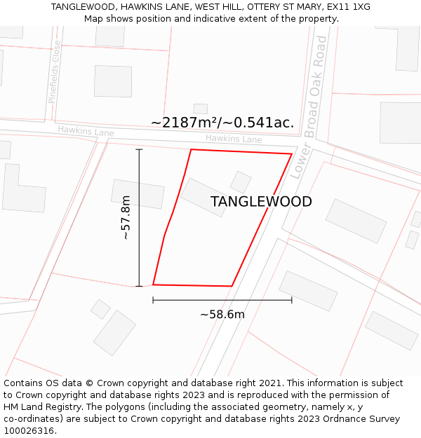 TANGLEWOOD, HAWKINS LANE, WEST HILL, OTTERY ST MARY, EX11 1XG: Plot and title map