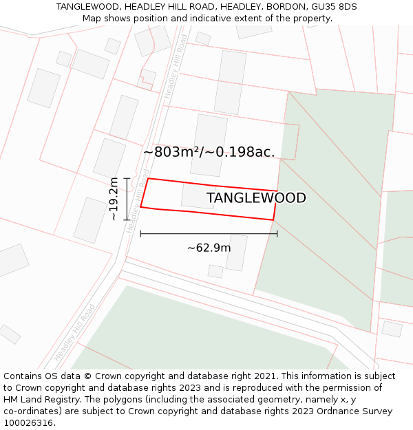 TANGLEWOOD, HEADLEY HILL ROAD, HEADLEY, BORDON, GU35 8DS: Plot and title map