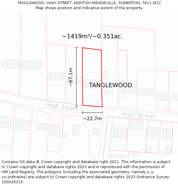 TANGLEWOOD, HIGH STREET, KEINTON MANDEVILLE, SOMERTON, TA11 6DZ: Plot and title map