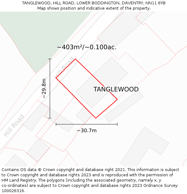 TANGLEWOOD, HILL ROAD, LOWER BODDINGTON, DAVENTRY, NN11 6YB: Plot and title map