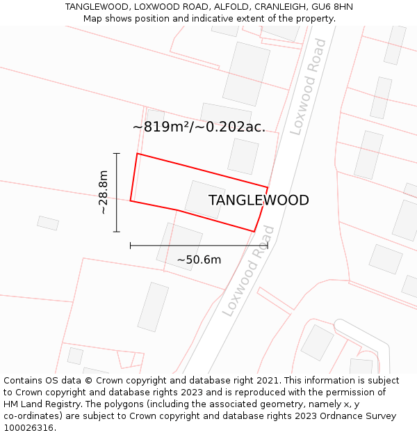 TANGLEWOOD, LOXWOOD ROAD, ALFOLD, CRANLEIGH, GU6 8HN: Plot and title map