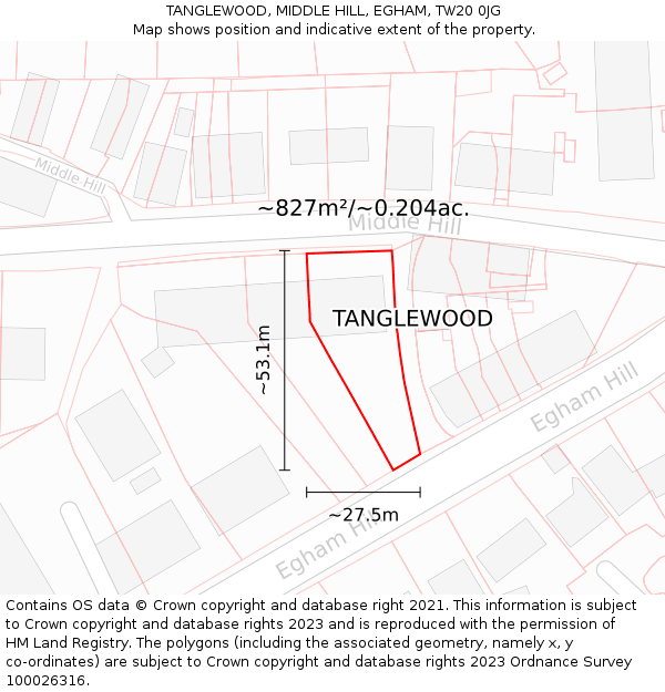 TANGLEWOOD, MIDDLE HILL, EGHAM, TW20 0JG: Plot and title map