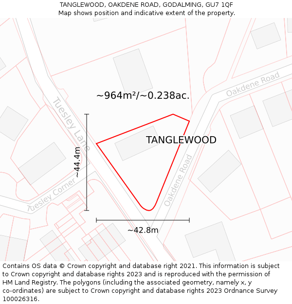 TANGLEWOOD, OAKDENE ROAD, GODALMING, GU7 1QF: Plot and title map