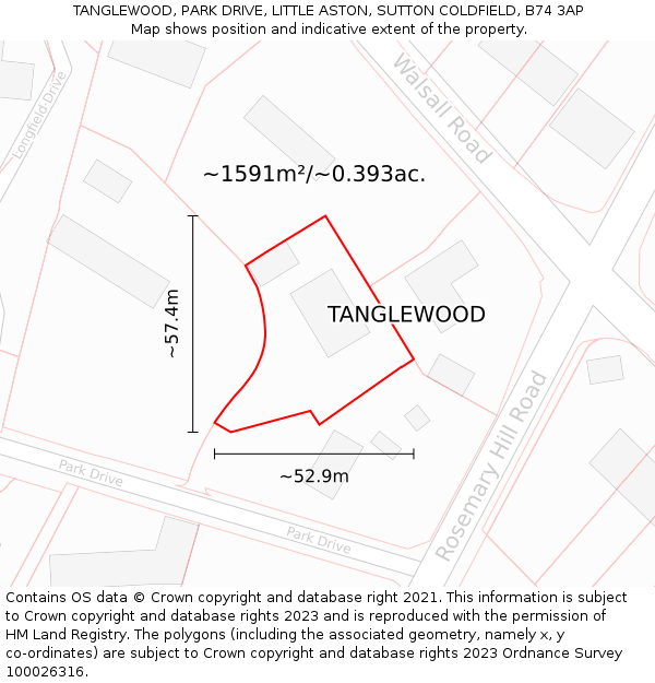 TANGLEWOOD, PARK DRIVE, LITTLE ASTON, SUTTON COLDFIELD, B74 3AP: Plot and title map